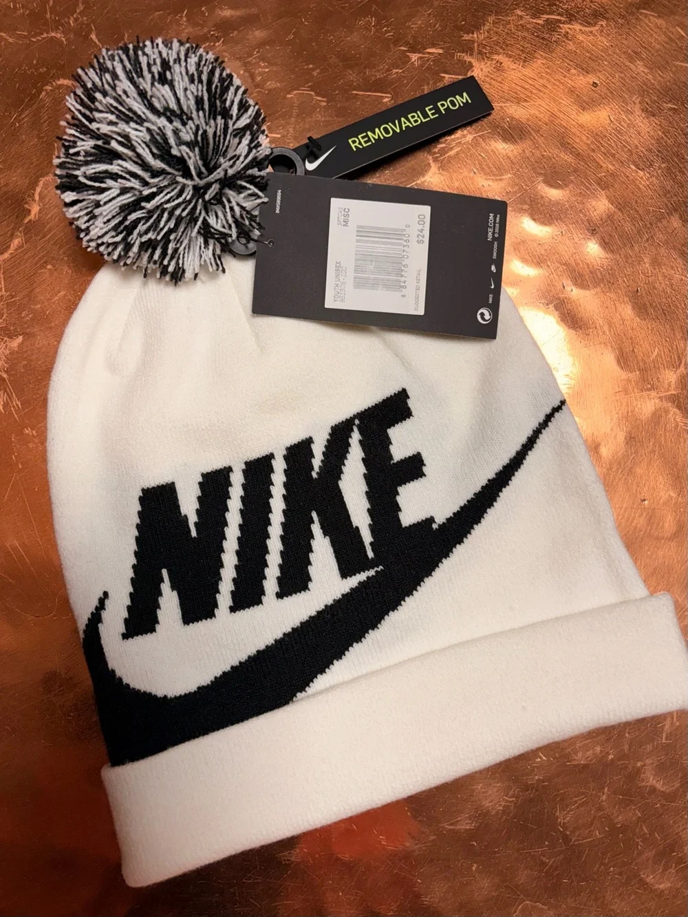 Nike White & Black Knit Pom Beanie with Removable Pom, Youth Unisex